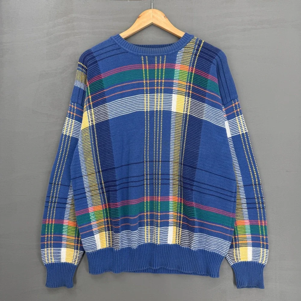 Vintage Nautica Sweater Blue Plaid Cotton‎ Retro Knit Crewneck Pullover Large